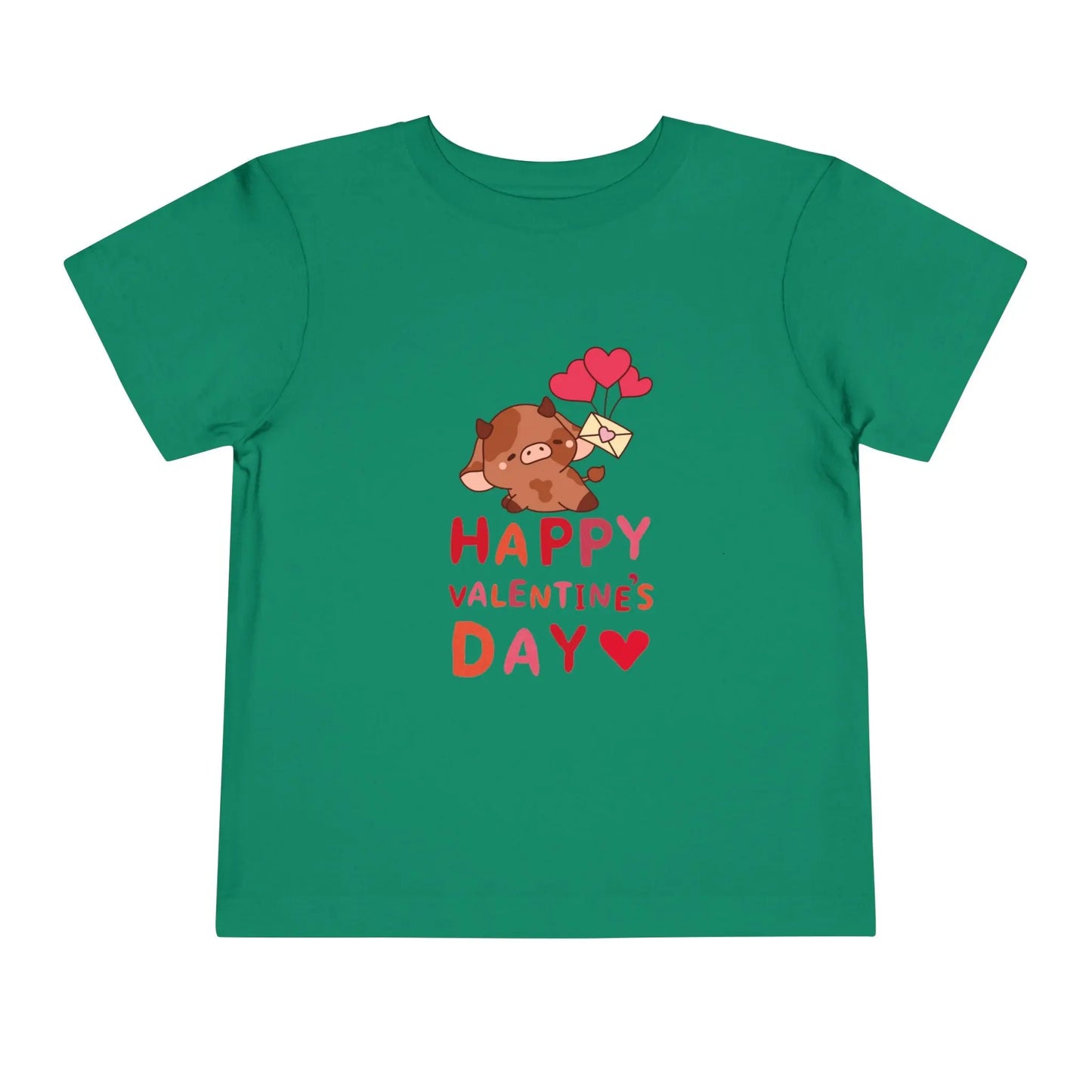 Soft cotton toddler tee with adorable character holding heart balloons and love note. Perfect for Valentine's Day celebrations. Sizes 2T-5T. Kelly Green