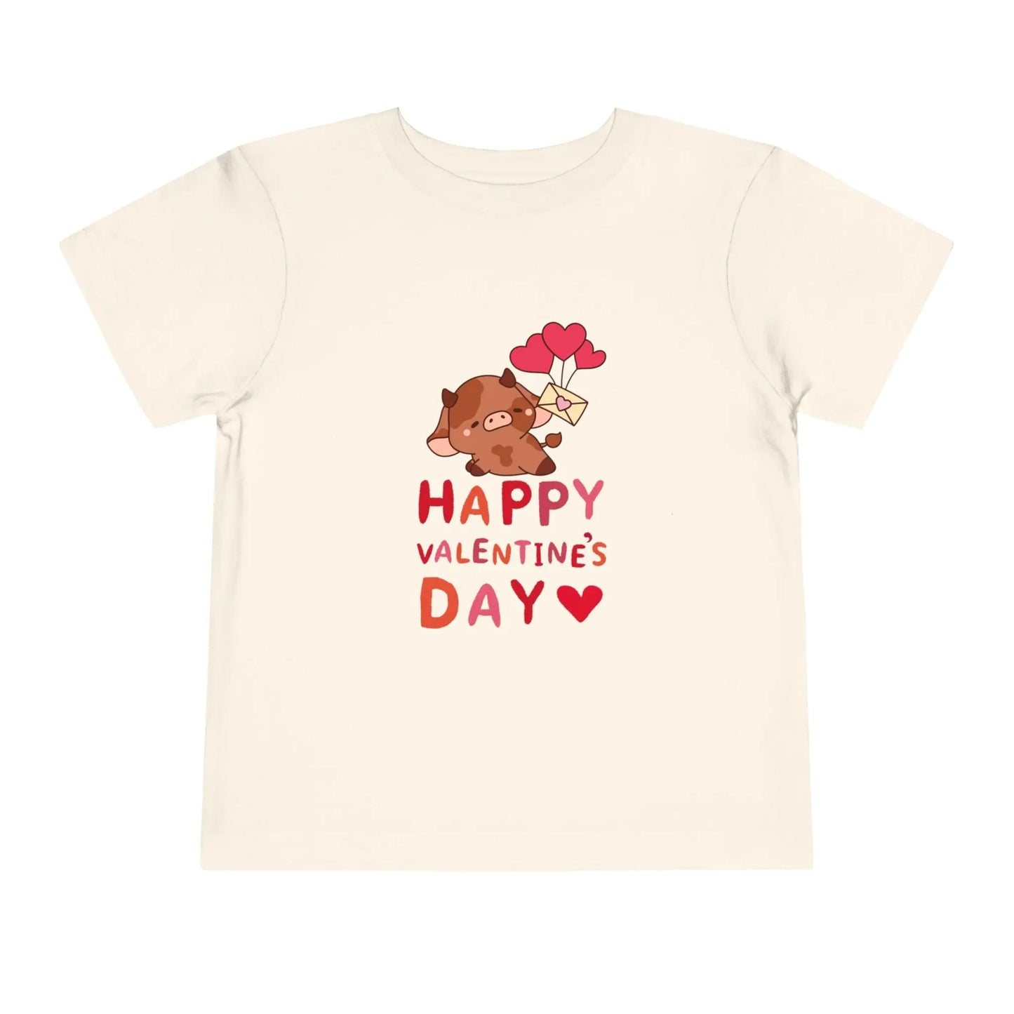 Soft cotton toddler tee with adorable character holding heart balloons and love note. Perfect for Valentine's Day celebrations. Sizes 2T-5T. Natural