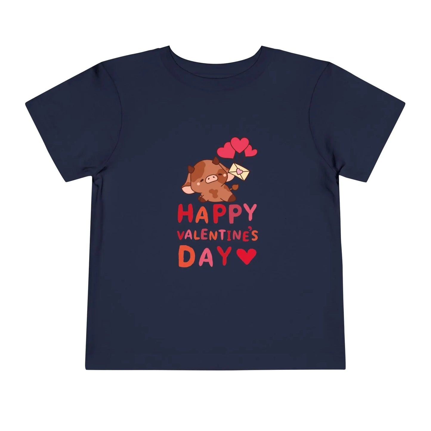 Soft cotton toddler tee with adorable character holding heart balloons and love note. Perfect for Valentine's Day celebrations. Sizes 2T-5T. Navy