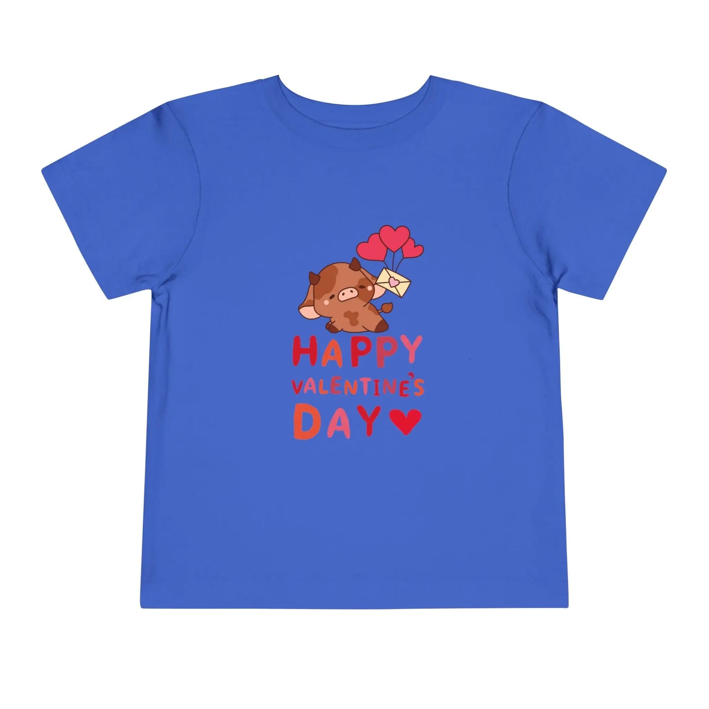 Soft cotton toddler tee with adorable character holding heart balloons and love note. Perfect for Valentine's Day celebrations. Sizes 2T-5T. Royal Blue