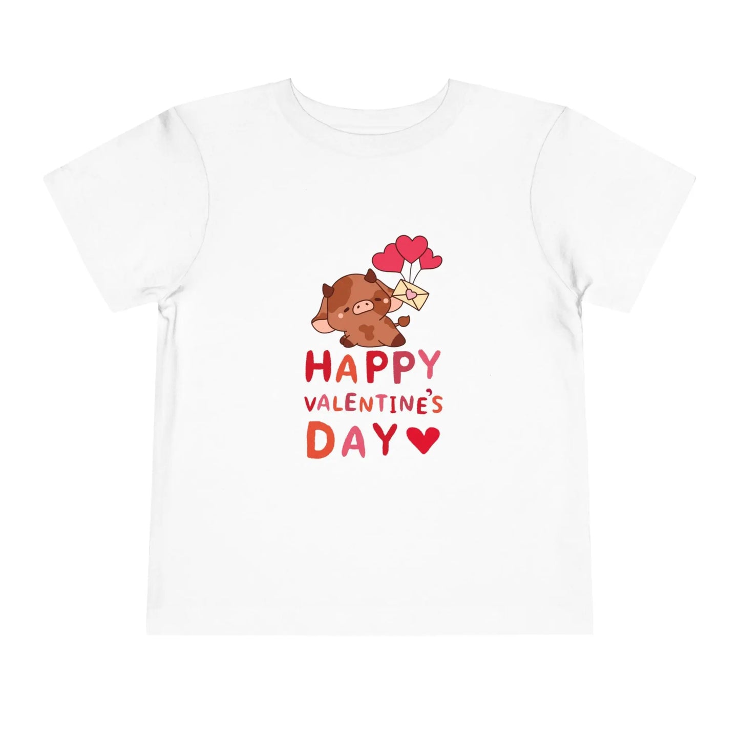 Soft cotton toddler tee with adorable character holding heart balloons and love note. Perfect for Valentine's Day celebrations. Sizes 2T-5T. White