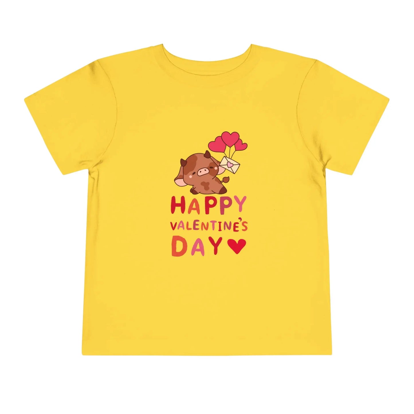 Soft cotton toddler tee with adorable character holding heart balloons and love note. Perfect for Valentine's Day celebrations. Sizes 2T-5T. Yellow