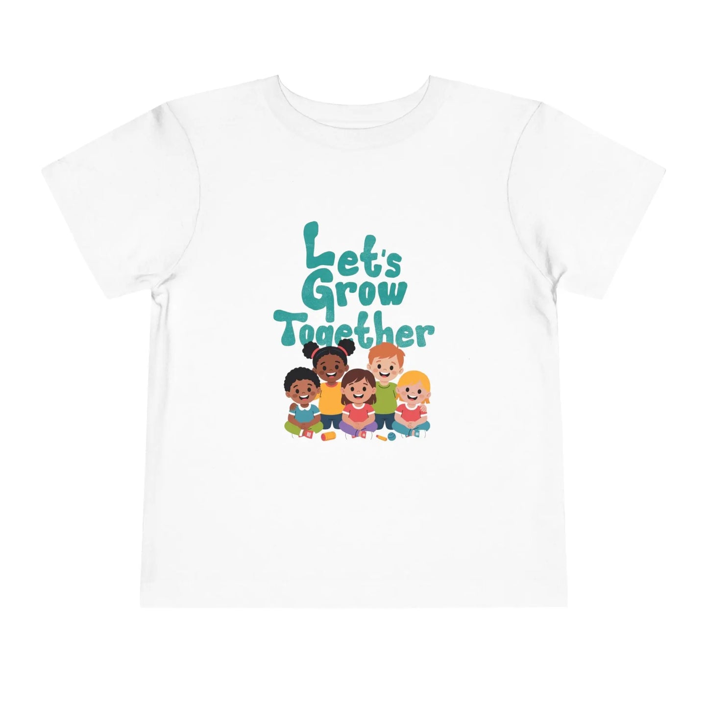 Soft cotton toddler tee with Let's Grow Together message and multicultural smiling faces. Perfect for celebrating diversity and friendship. Sizes 2T-5T.
White