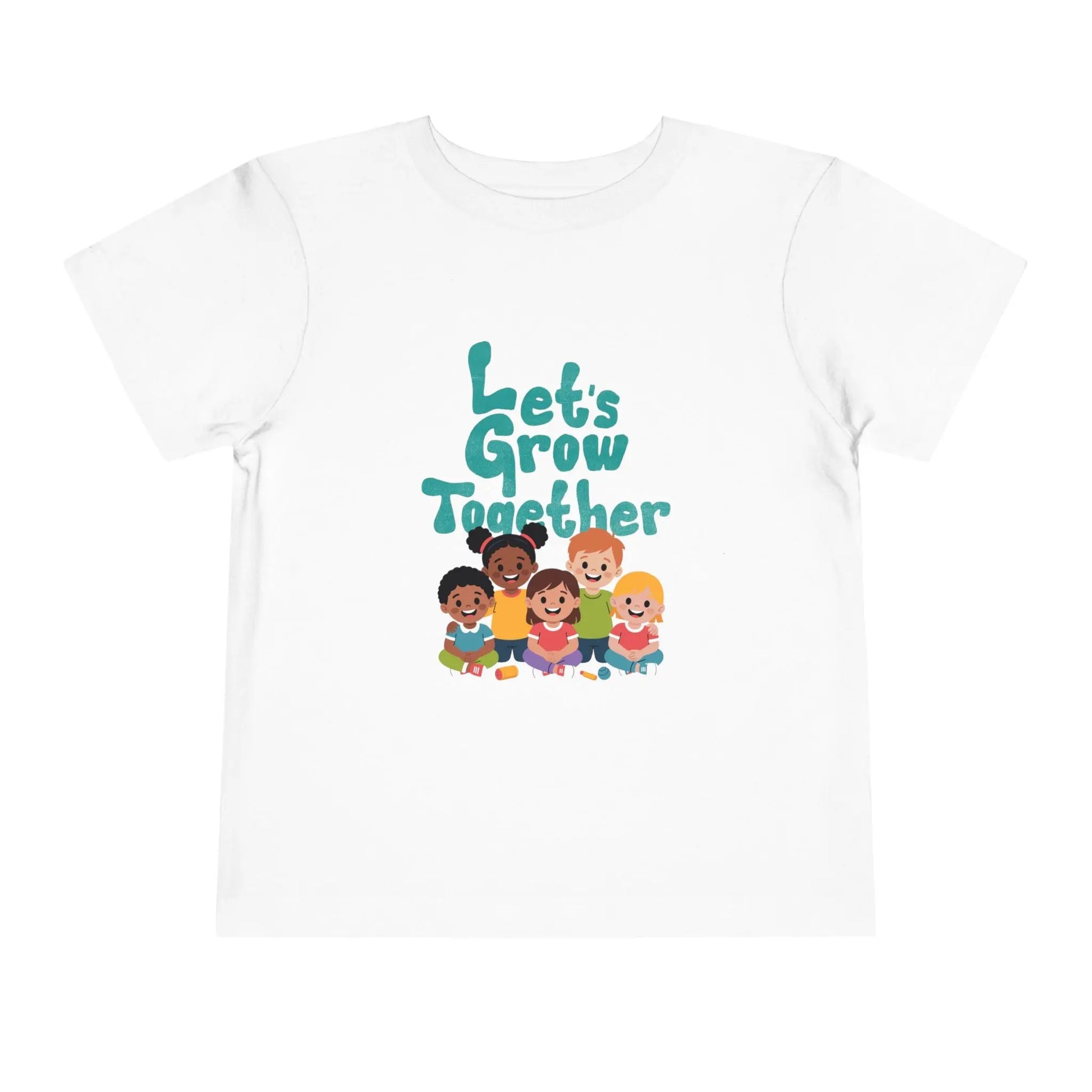 Soft cotton toddler tee with Let's Grow Together message and multicultural smiling faces. Perfect for celebrating diversity and friendship. Sizes 2T-5T.
White