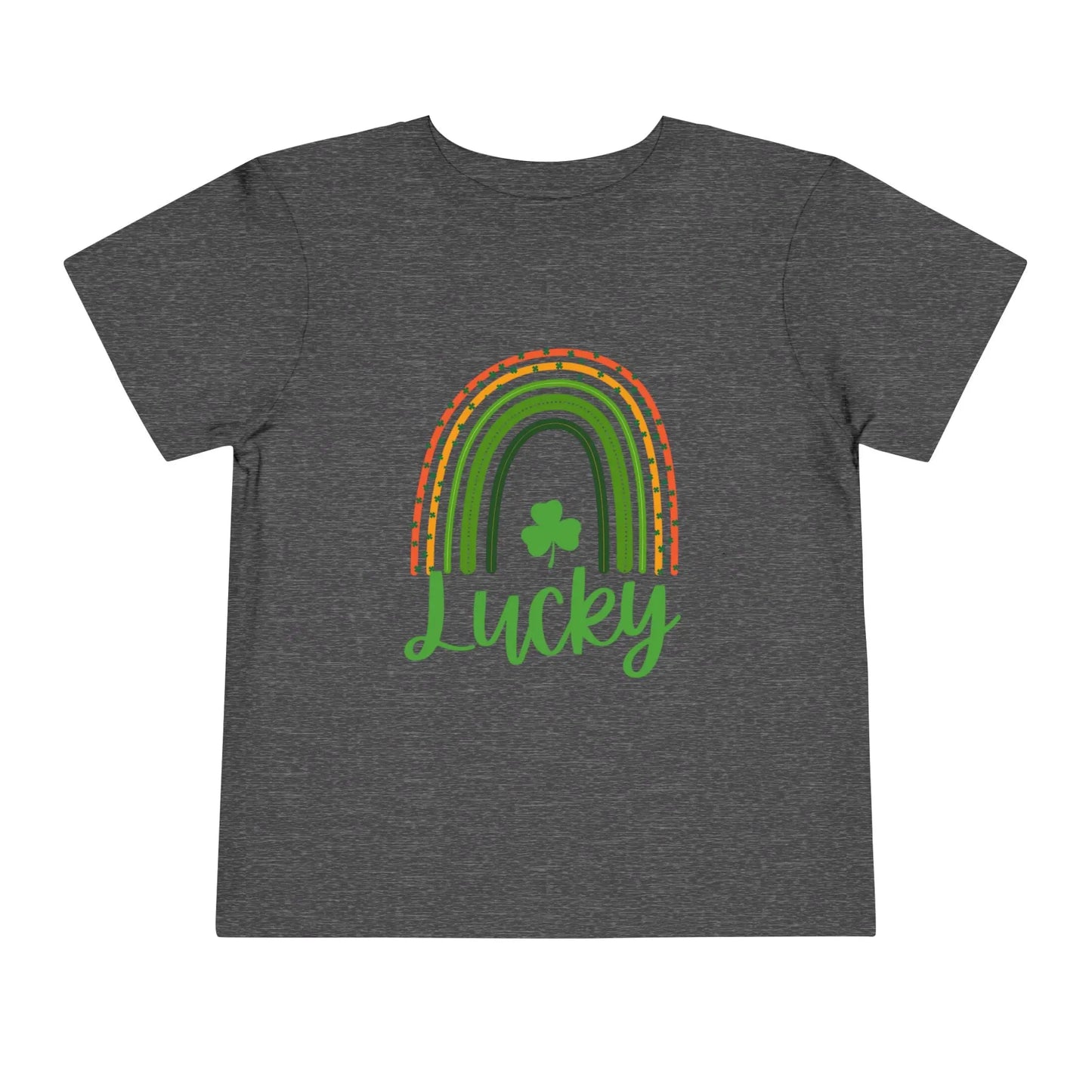 Soft cotton toddler tee with Lucky rainbow and shamrock design. Perfect for St. Patrick's Day parades and celebrations. Sizes 2T-5T.
Dark Heather Grey
