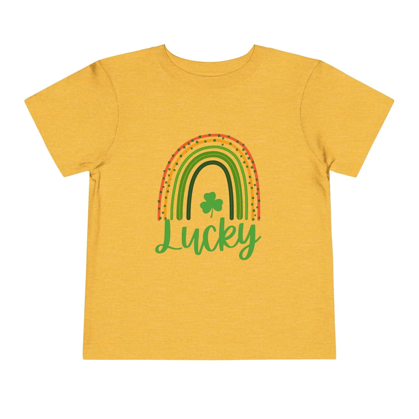 Soft cotton toddler tee with Lucky rainbow and shamrock design. Perfect for St. Patrick's Day parades and celebrations. Sizes 2T-5T.
Heather Yellow Gold