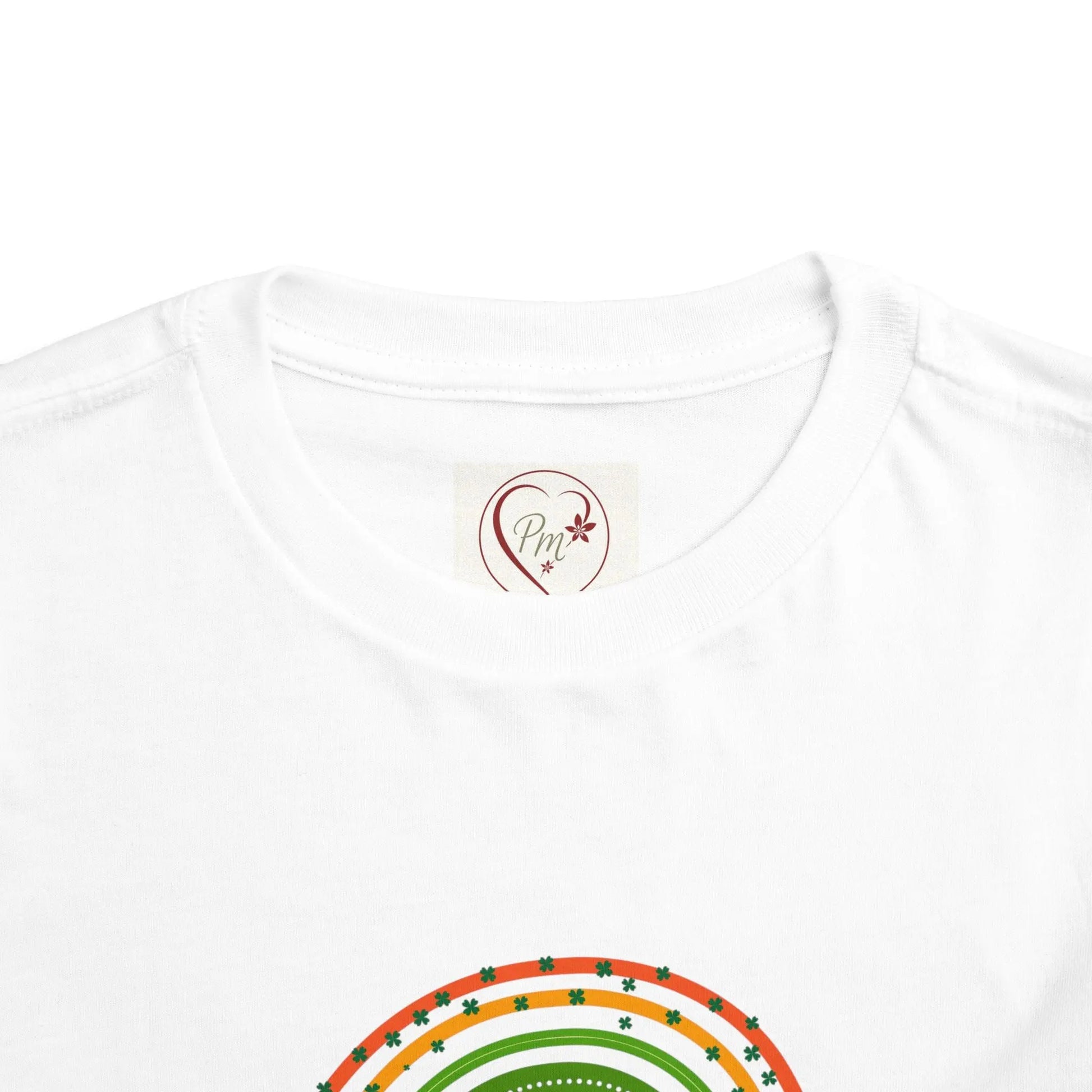 White t-shirt with a rainbow design and a PM Creations 25 logo on the chest.