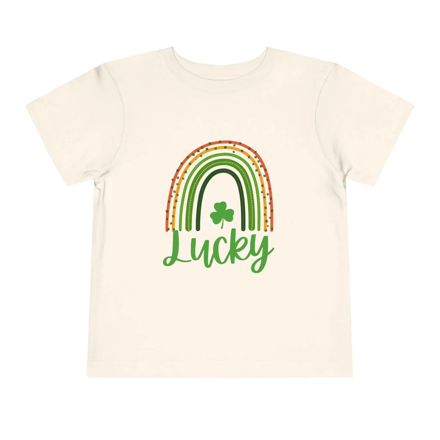 Soft cotton toddler tee with Lucky rainbow and shamrock design. Perfect for St. Patrick's Day parades and celebrations. Sizes 2T-5T.
Natural