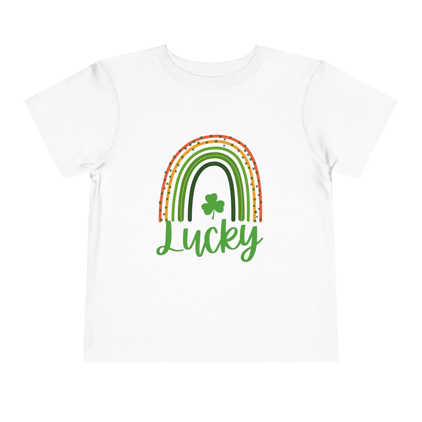 Soft cotton toddler tee with Lucky rainbow and shamrock design. Perfect for St. Patrick's Day parades and celebrations. Sizes 2T-5T.
White