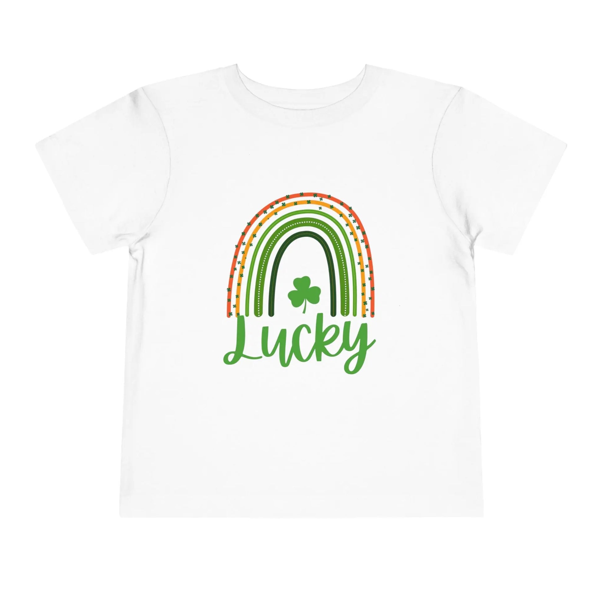 Soft cotton toddler tee with Lucky rainbow and shamrock design. Perfect for St. Patrick's Day parades and celebrations. Sizes 2T-5T.
White