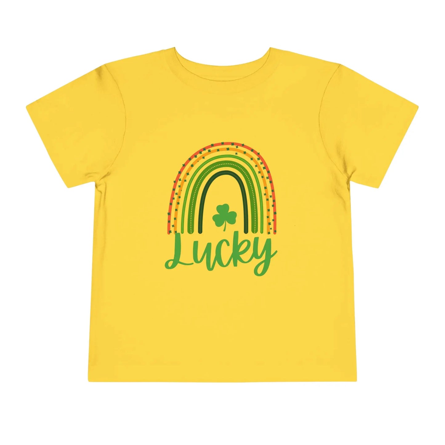 Soft cotton toddler tee with Lucky rainbow and shamrock design. Perfect for St. Patrick's Day parades and celebrations. Sizes 2T-5T.
Yellow
