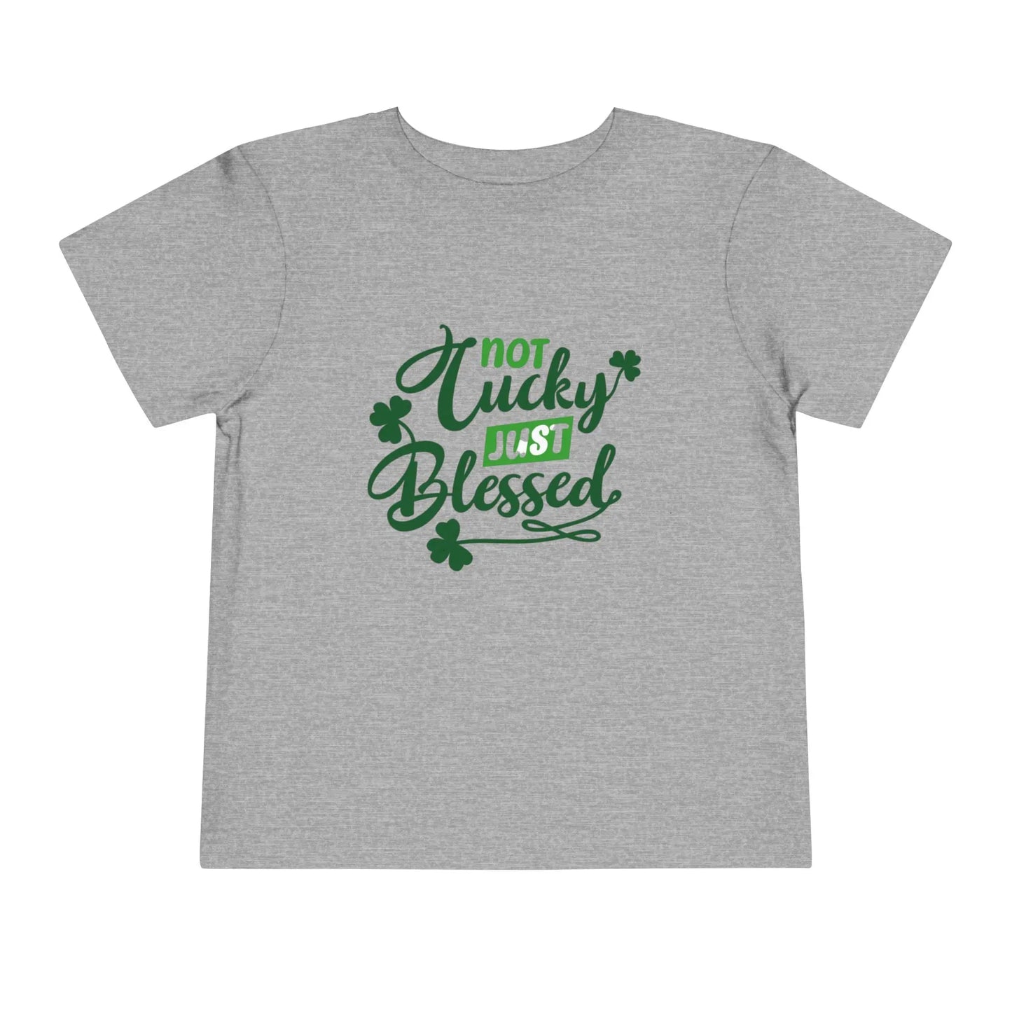 Soft cotton toddler tee with Not Lucky Just Blessed message and shamrocks. Perfect for faith-based St. Patrick's Day celebrations. Sizes 2T-5T. Athletic Heather