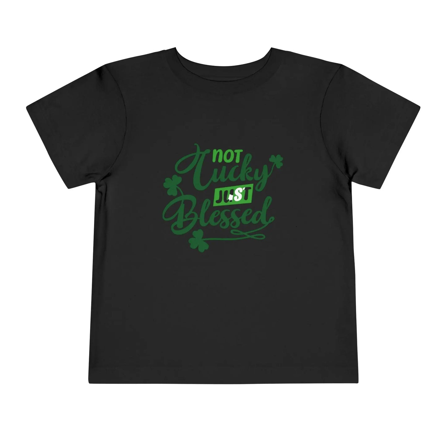 Soft cotton toddler tee with Not Lucky Just Blessed message and shamrocks. Perfect for faith-based St. Patrick's Day celebrations. Sizes 2T-5T. Black
