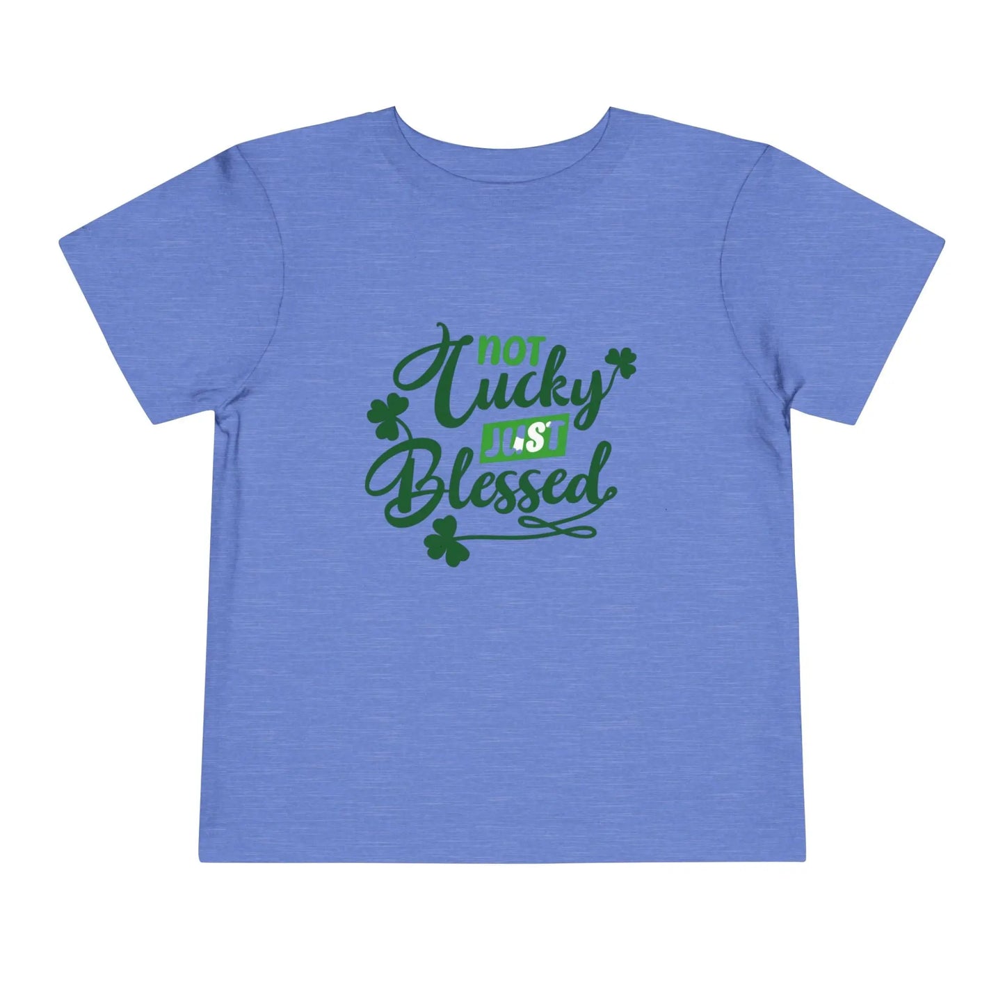 Soft cotton toddler tee with Not Lucky Just Blessed message and shamrocks. Perfect for faith-based St. Patrick's Day celebrations. Sizes 2T-5T. Heather Columbia Blue
