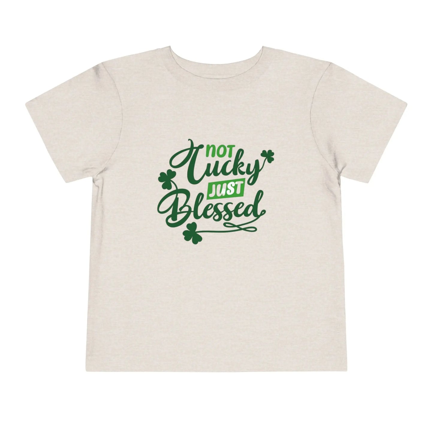 Soft cotton toddler tee with Not Lucky Just Blessed message and shamrocks. Perfect for faith-based St. Patrick's Day celebrations. Sizes 2T-5T. Heather Dust