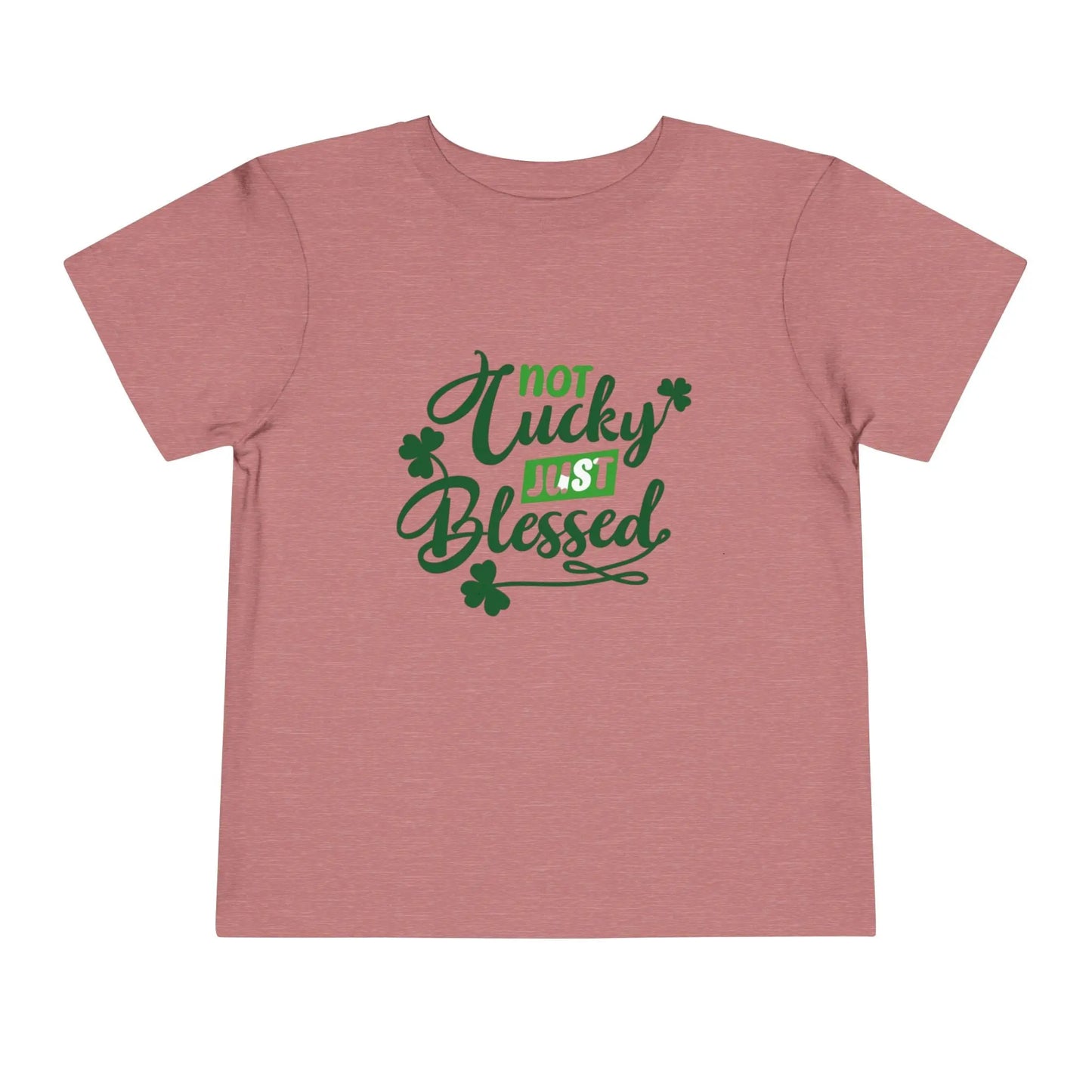 Soft cotton toddler tee with Not Lucky Just Blessed message and shamrocks. Perfect for faith-based St. Patrick's Day celebrations. Sizes 2T-5T. Heather Mauve