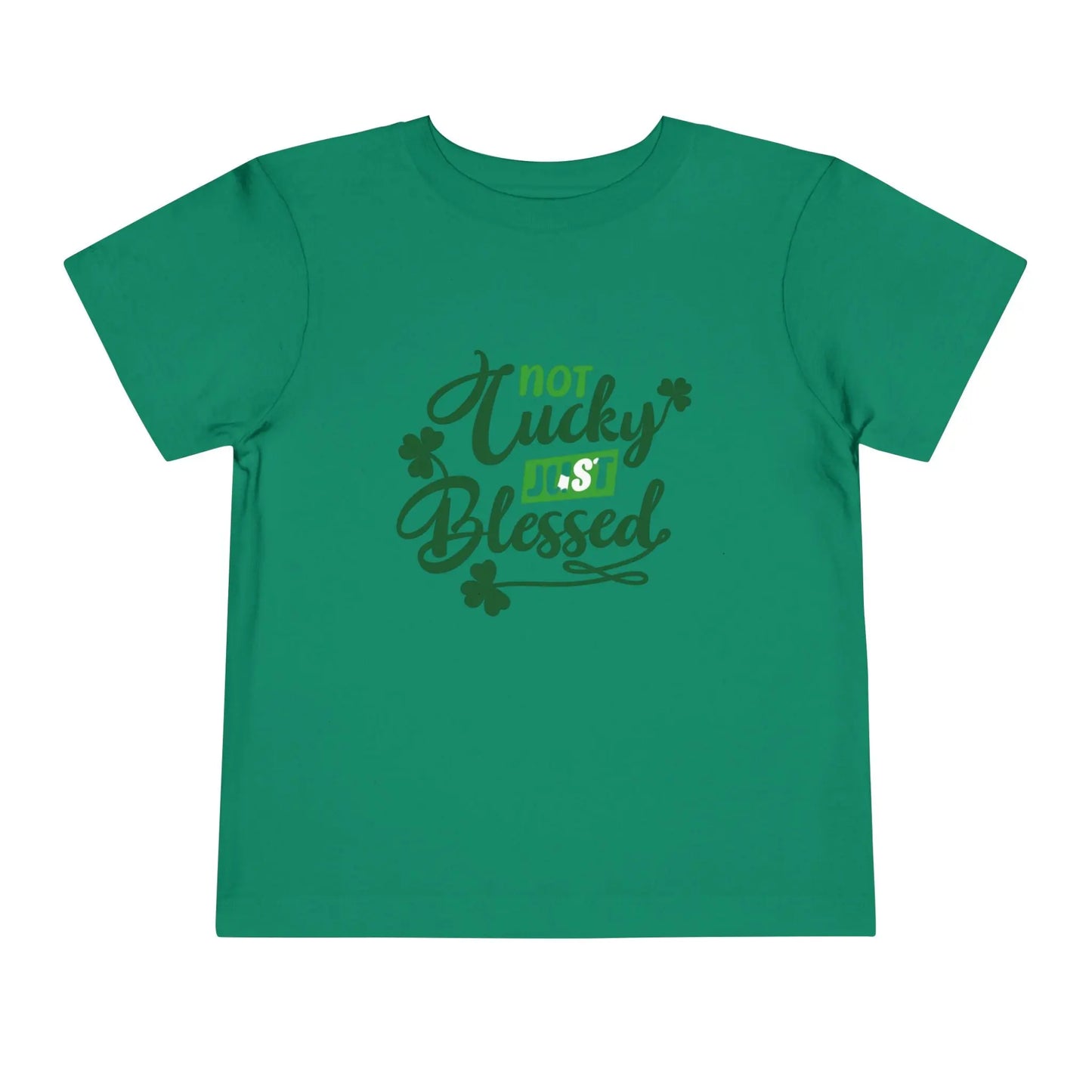 Soft cotton toddler tee with Not Lucky Just Blessed message and shamrocks. Perfect for faith-based St. Patrick's Day celebrations. Sizes 2T-5T. Kelly Green
