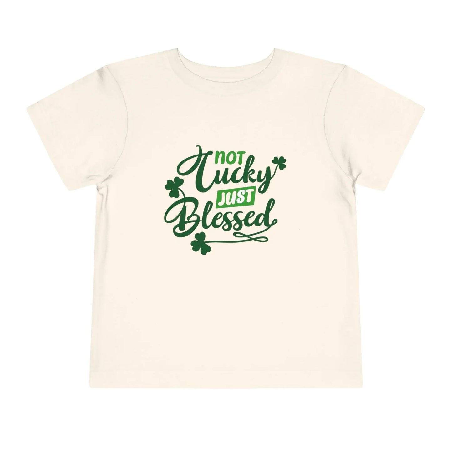 Soft cotton toddler tee with Not Lucky Just Blessed message and shamrocks. Perfect for faith-based St. Patrick's Day celebrations. Sizes 2T-5T. Natural