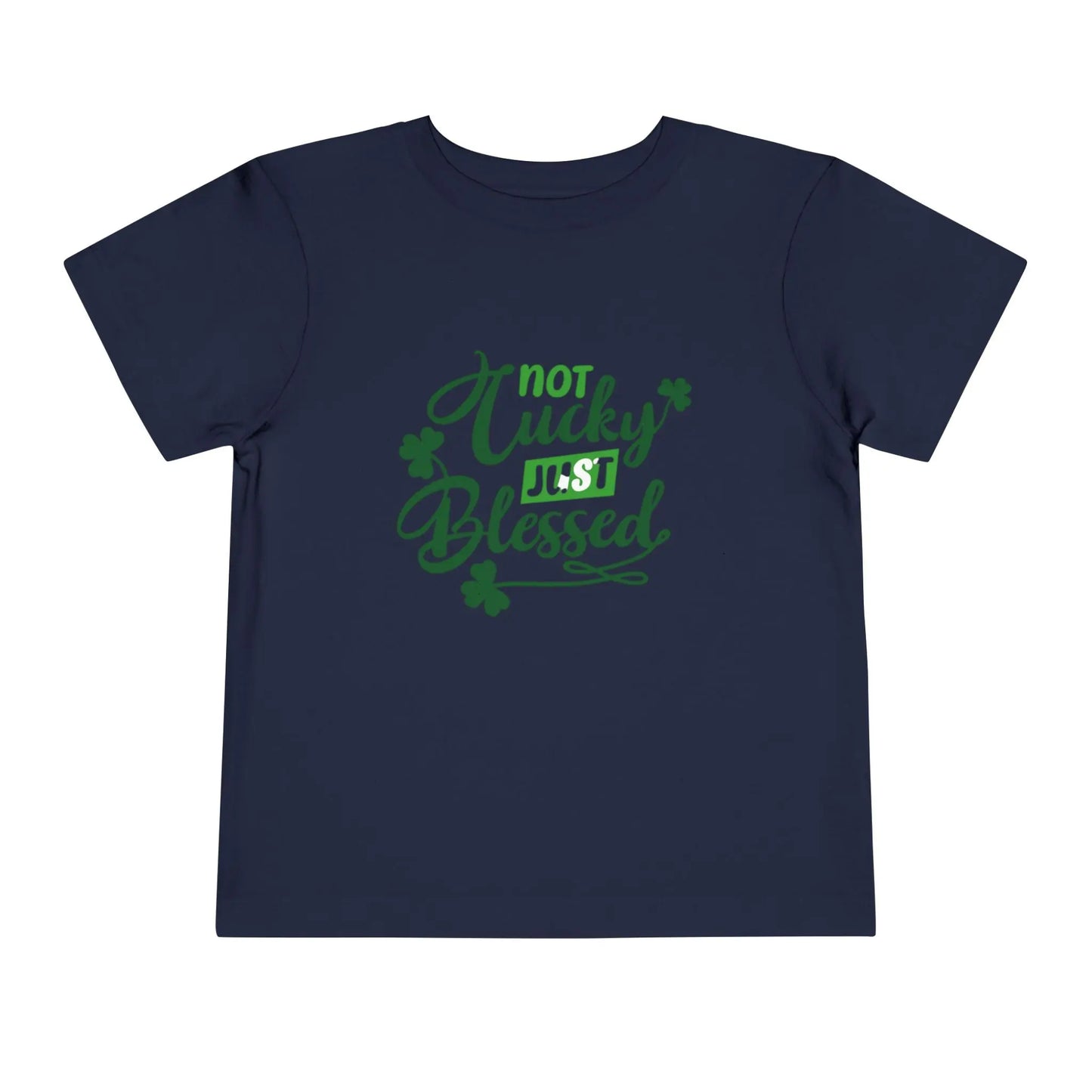 Soft cotton toddler tee with Not Lucky Just Blessed message and shamrocks. Perfect for faith-based St. Patrick's Day celebrations. Sizes 2T-5T. Navy
