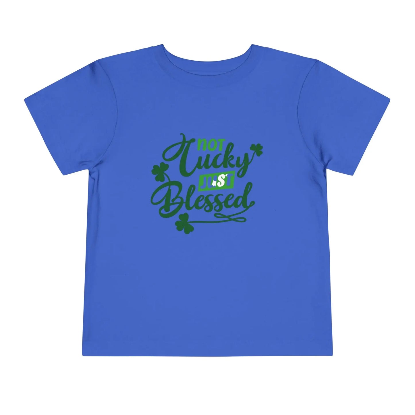 Soft cotton toddler tee with Not Lucky Just Blessed message and shamrocks. Perfect for faith-based St. Patrick's Day celebrations. Sizes 2T-5T. True Royal
