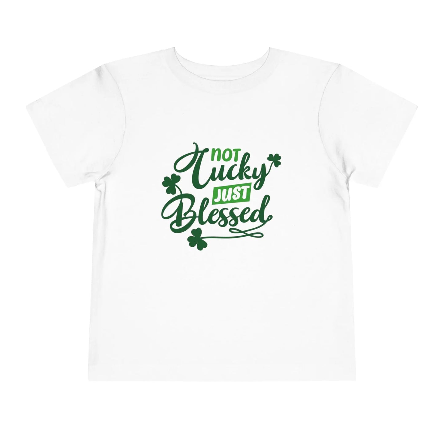 Soft cotton toddler tee with Not Lucky Just Blessed message and shamrocks. Perfect for faith-based St. Patrick's Day celebrations. Sizes 2T-5T. White
