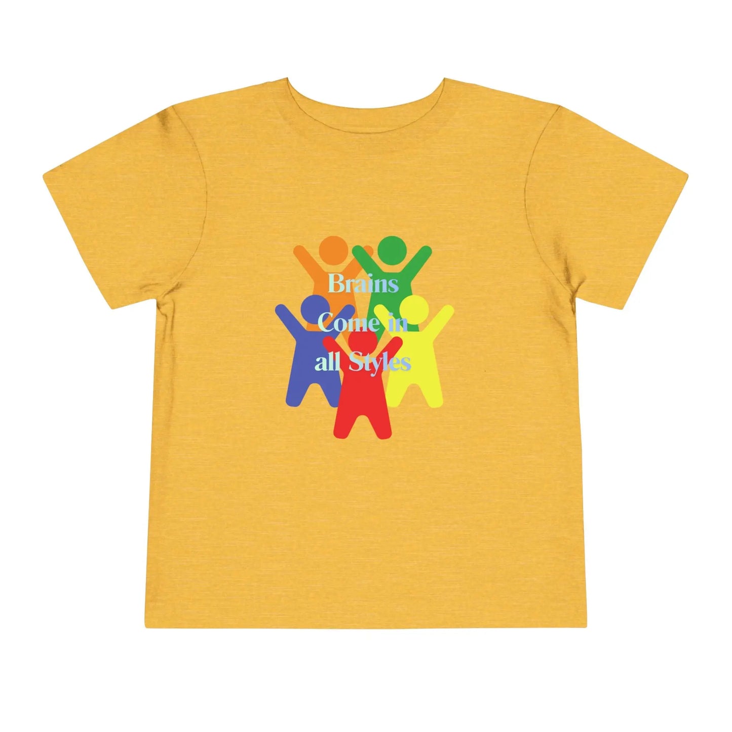 Soft cotton toddler tee with colorful diverse figures celebrating inclusion. Perfect for neurodiversity awareness and everyday play. Sizes 2T-5T.
Heather Yellow Gold