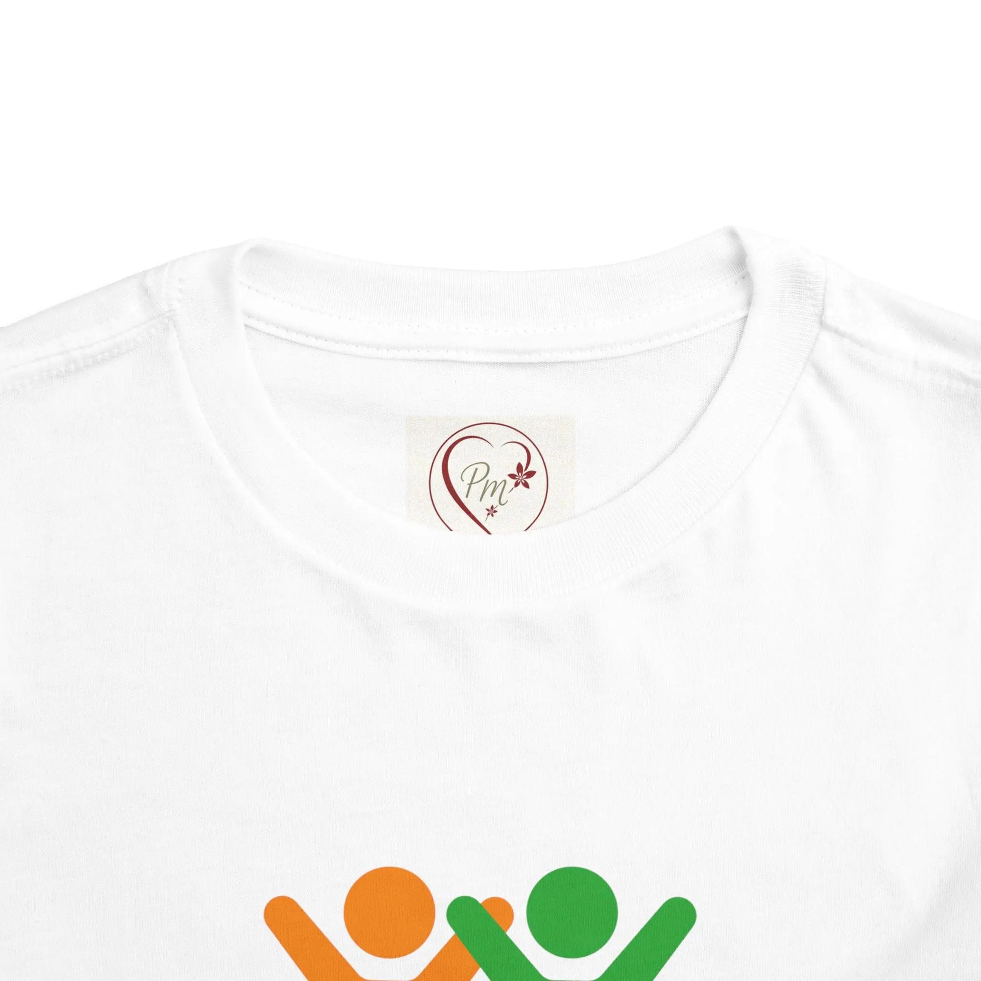 White t-shirt with a PM Creations 25 logo featuring two people in orange and green, and a heart with a flower and initials on a white background.