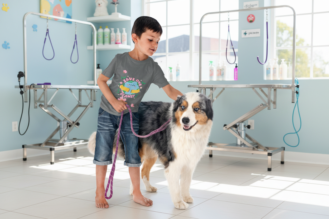 Toddler wearing Save Our Planet tee with smiling Earth in hands and flowers while holding a dog on a leash against a white background, Asphalt