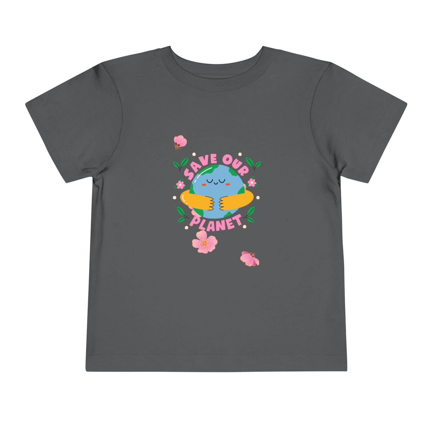 Soft cotton toddler tee with smiling planet in hands and flowers. Perfect for Earth Day celebrations and eco-friendly kids. Sizes 2T-5T.
Asphalt