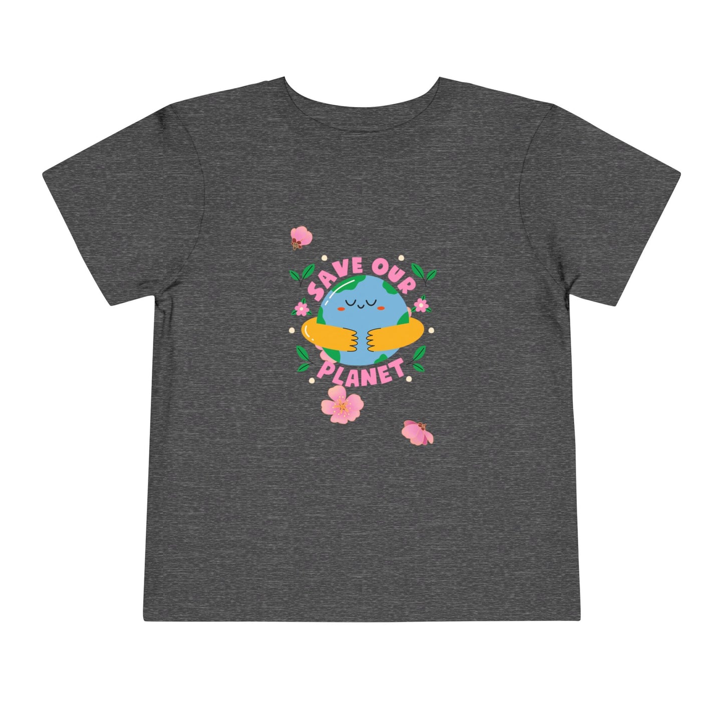 Soft cotton toddler tee with smiling planet in hands and flowers. Perfect for Earth Day celebrations and eco-friendly kids. Sizes 2T-5T.
Dark Heather Grey