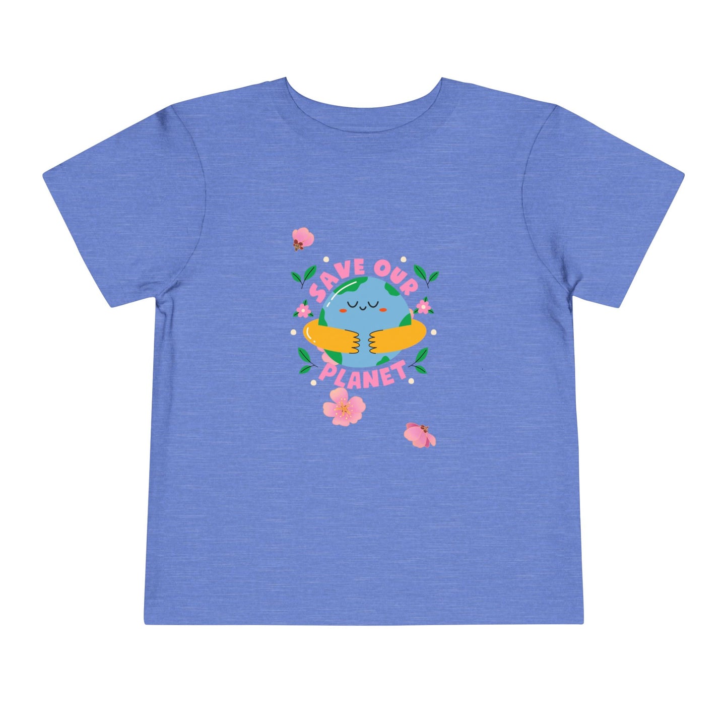 Soft cotton toddler tee with smiling planet in hands and flowers. Perfect for Earth Day celebrations and eco-friendly kids. Sizes 2T-5T.
Heather Columbia Blue