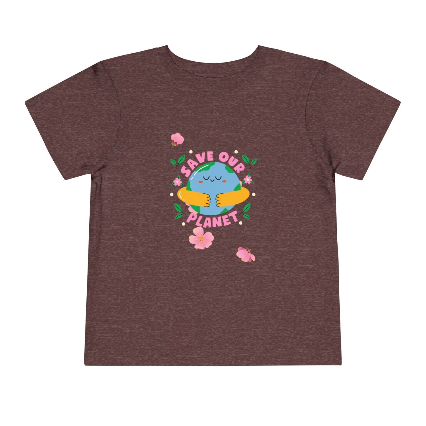 Soft cotton toddler tee with smiling planet in hands and flowers. Perfect for Earth Day celebrations and eco-friendly kids. Sizes 2T-5T.
Heather Maroon