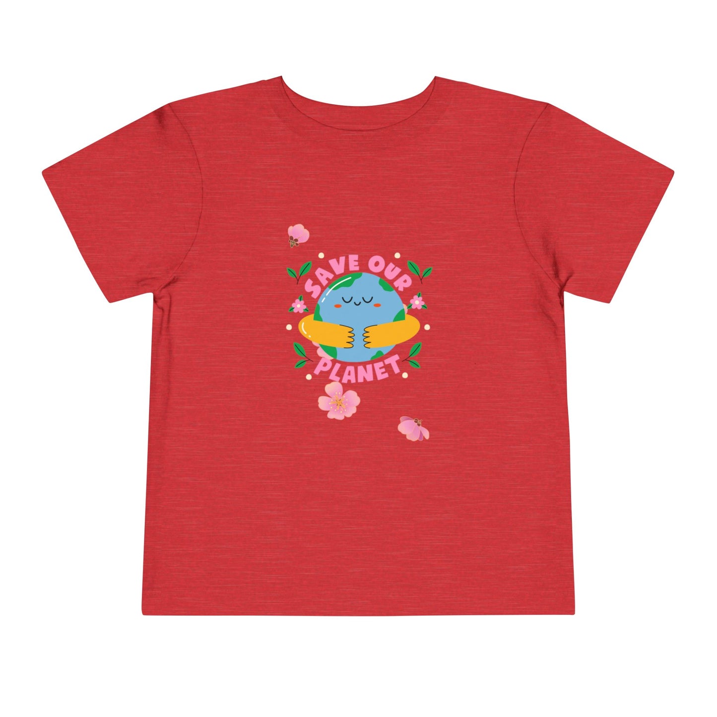 Soft cotton toddler tee with smiling planet in hands and flowers. Perfect for Earth Day celebrations and eco-friendly kids. Sizes 2T-5T.
Heather Red