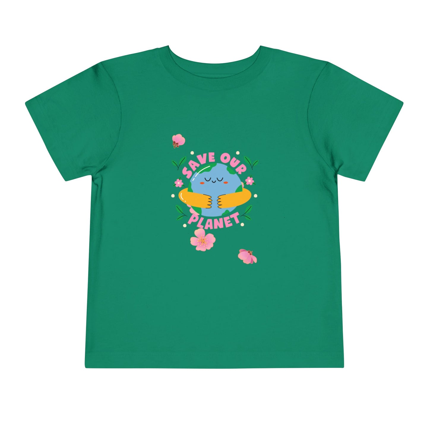 Soft cotton toddler tee with smiling planet in hands and flowers. Perfect for Earth Day celebrations and eco-friendly kids. Sizes 2T-5T.
Kelly Green
