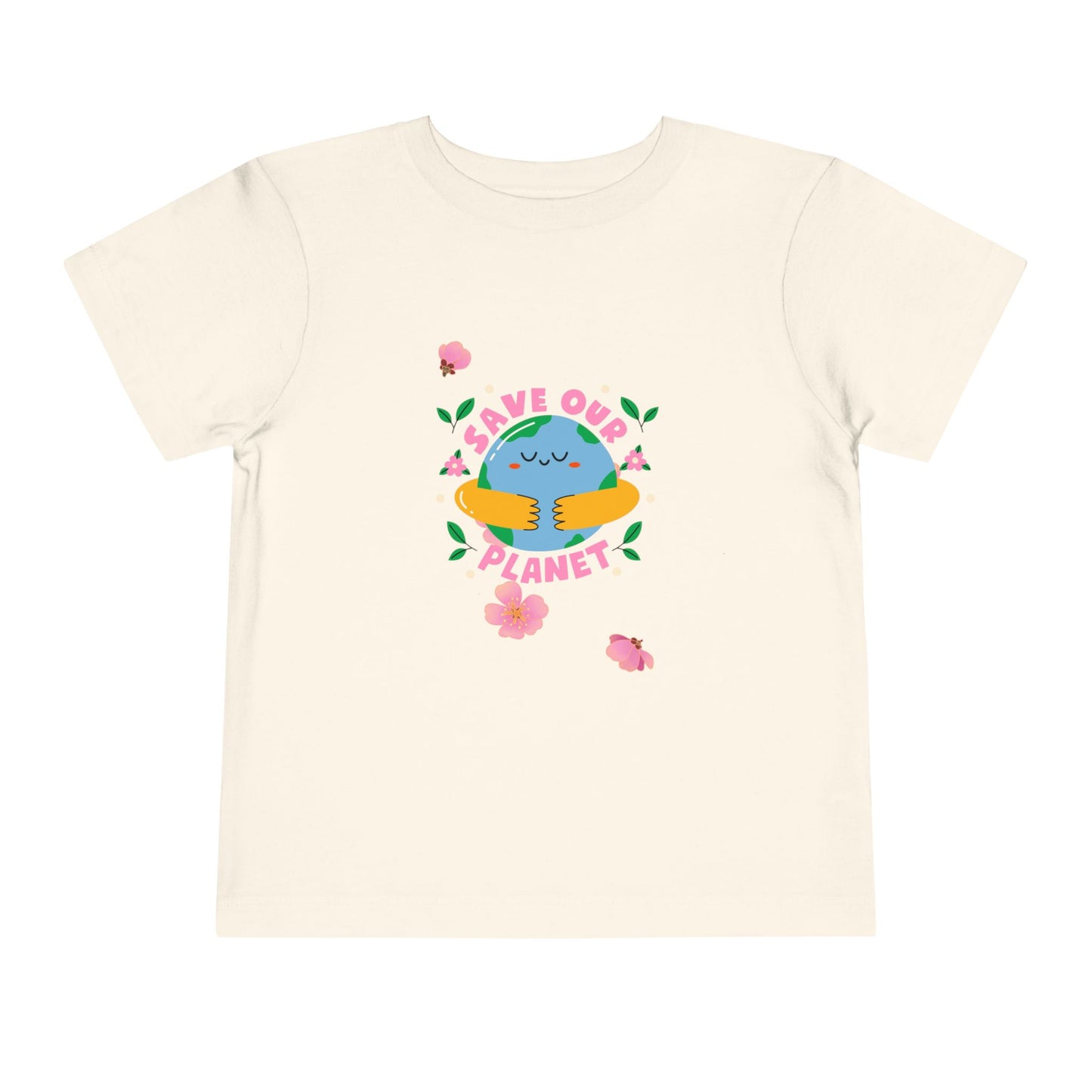 Soft cotton toddler tee with smiling planet in hands and flowers. Perfect for Earth Day celebrations and eco-friendly kids. Sizes 2T-5T.
Natural