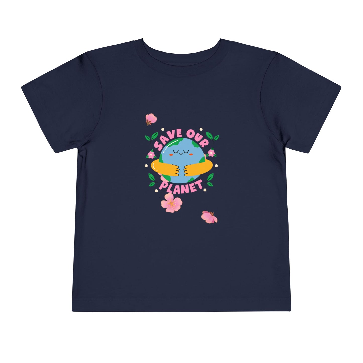 Soft cotton toddler tee with smiling planet in hands and flowers. Perfect for Earth Day celebrations and eco-friendly kids. Sizes 2T-5T.
Navy
