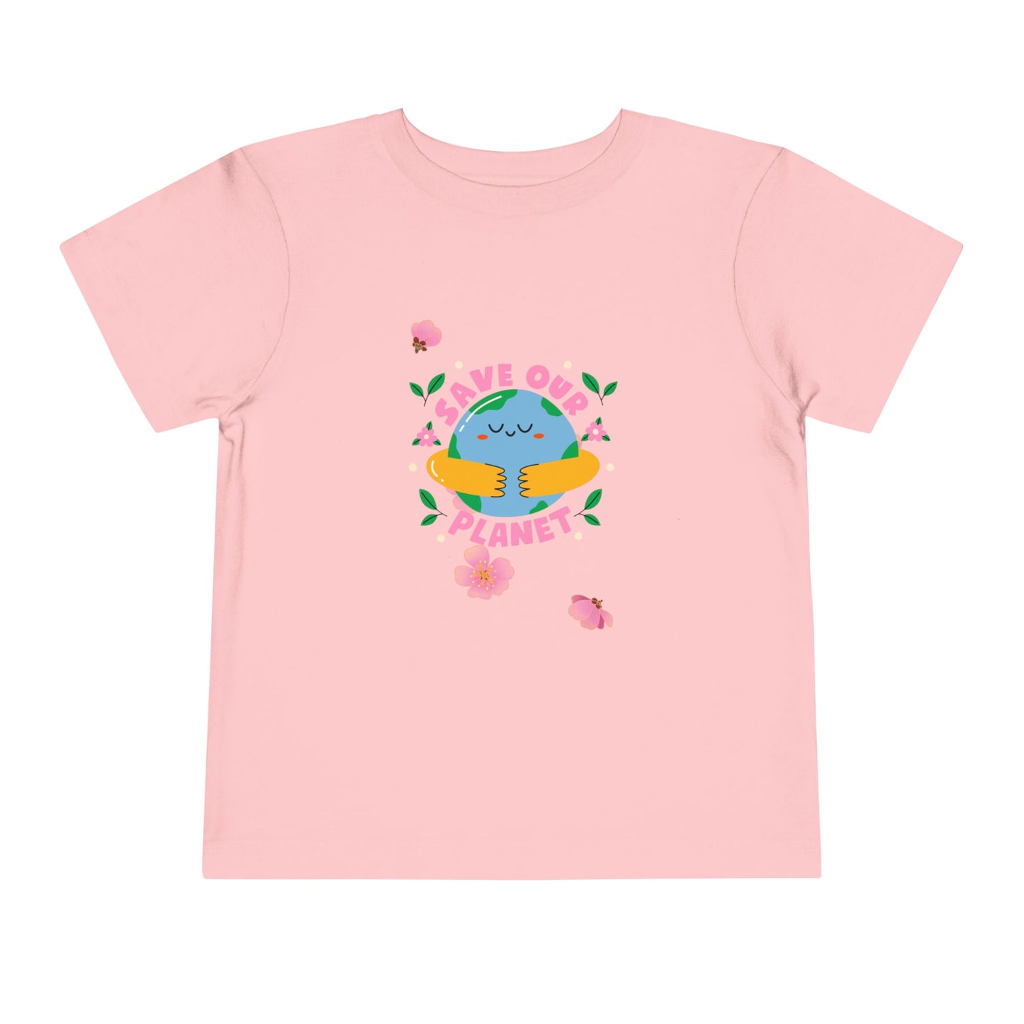 Soft cotton toddler tee with smiling planet in hands and flowers. Perfect for Earth Day celebrations and eco-friendly kids. Sizes 2T-5T.
Pink