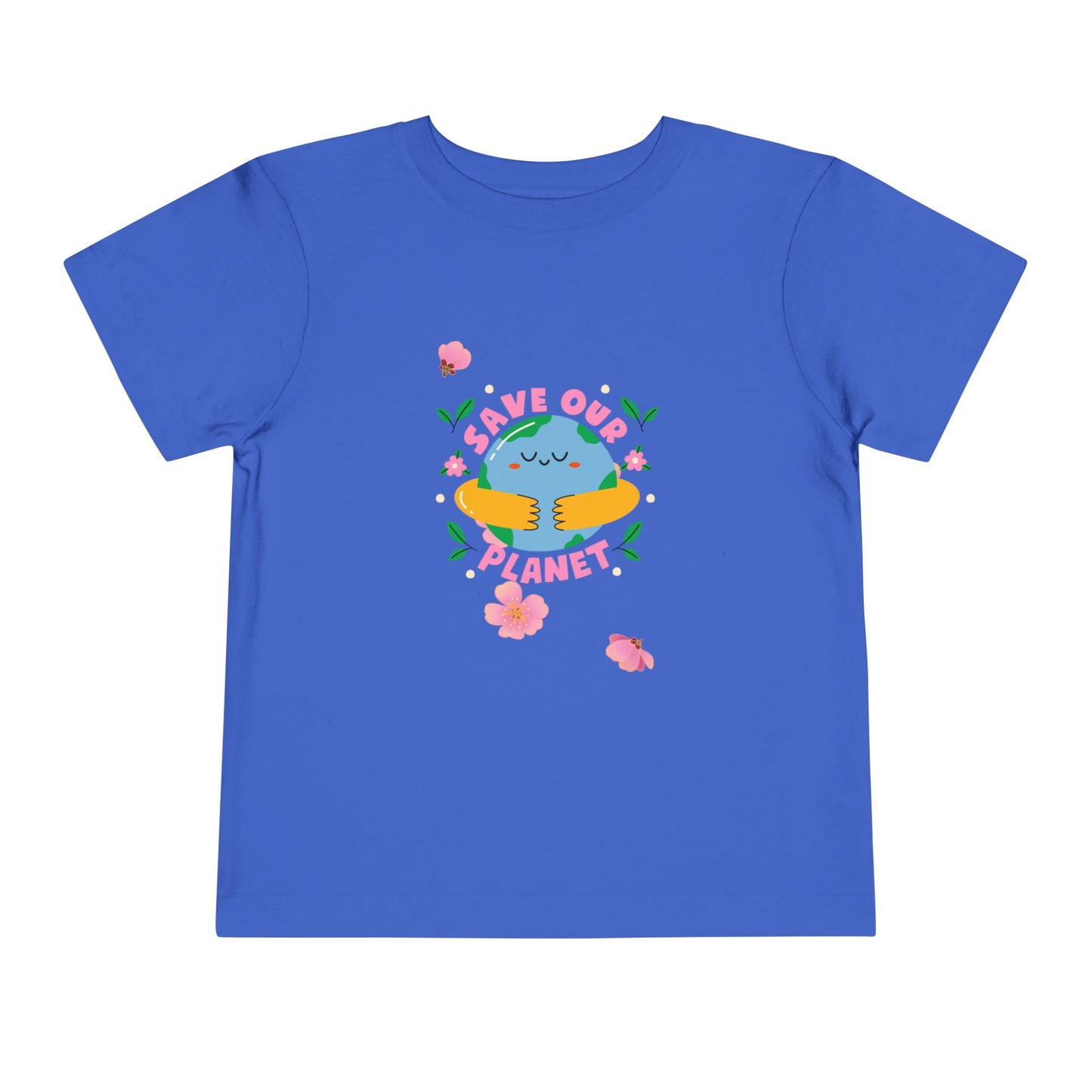 Soft cotton toddler tee with smiling planet in hands and flowers. Perfect for Earth Day celebrations and eco-friendly kids. Sizes 2T-5T.
True Royal