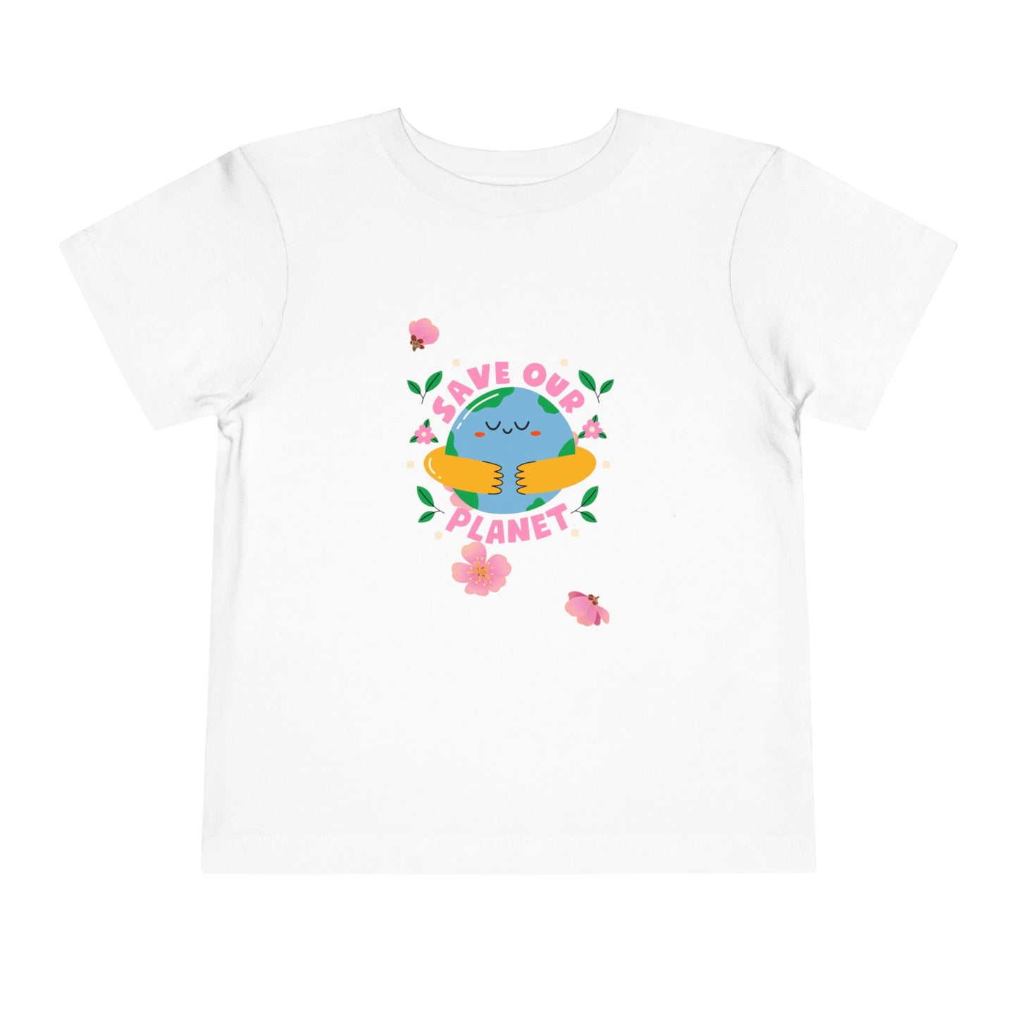 Soft cotton toddler tee with smiling planet in hands and flowers. Perfect for Earth Day celebrations and eco-friendly kids. Sizes 2T-5T.
White