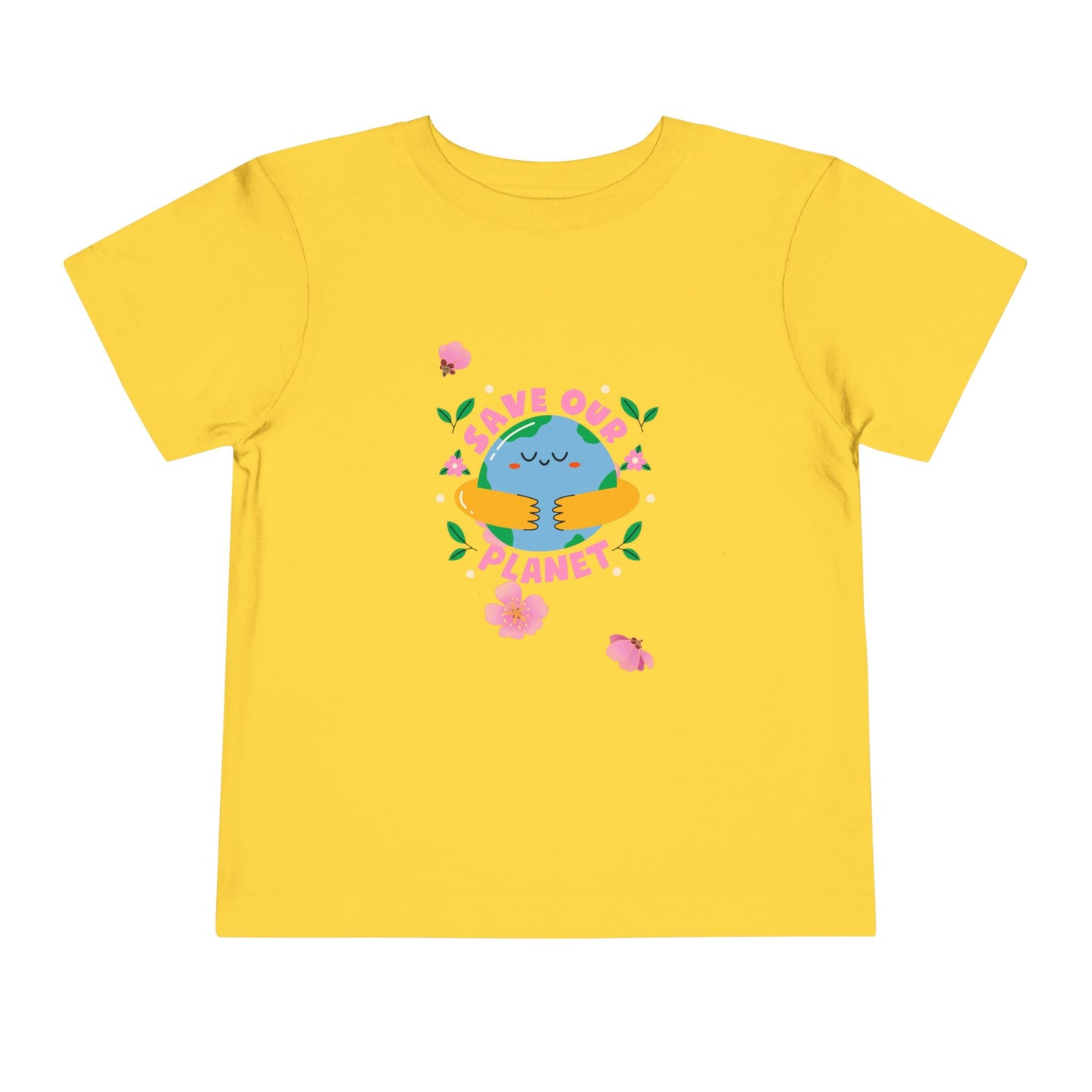 Soft cotton toddler tee with smiling planet in hands and flowers. Perfect for Earth Day celebrations and eco-friendly kids. Sizes 2T-5T.
Yellow