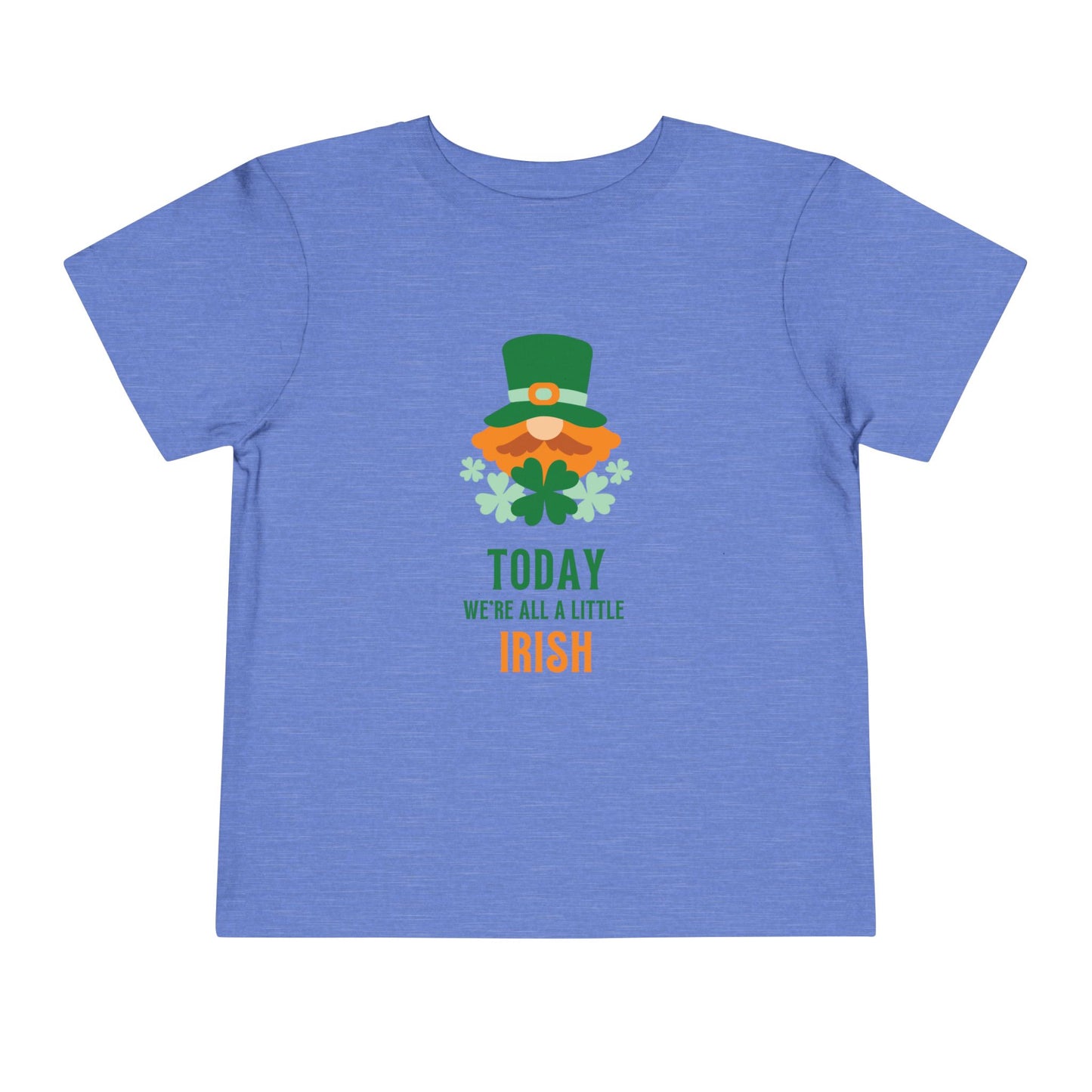 Soft cotton toddler tee with leprechaun and Today We're All a Little Irish message. Perfect for St. Patrick's Day celebrations. Sizes 2T-5T. Heather Columbia Blue