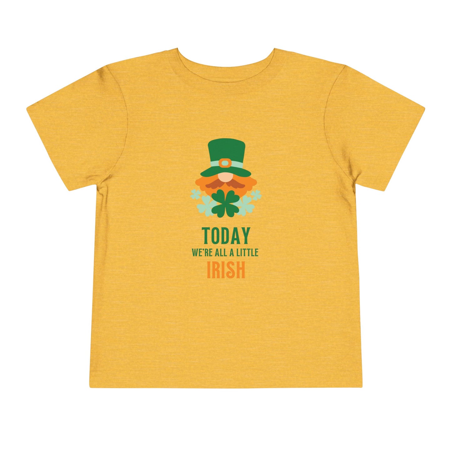 Soft cotton toddler tee with leprechaun and Today We're All a Little Irish message. Perfect for St. Patrick's Day celebrations. Sizes 2T-5T. Heather Yellow Gold