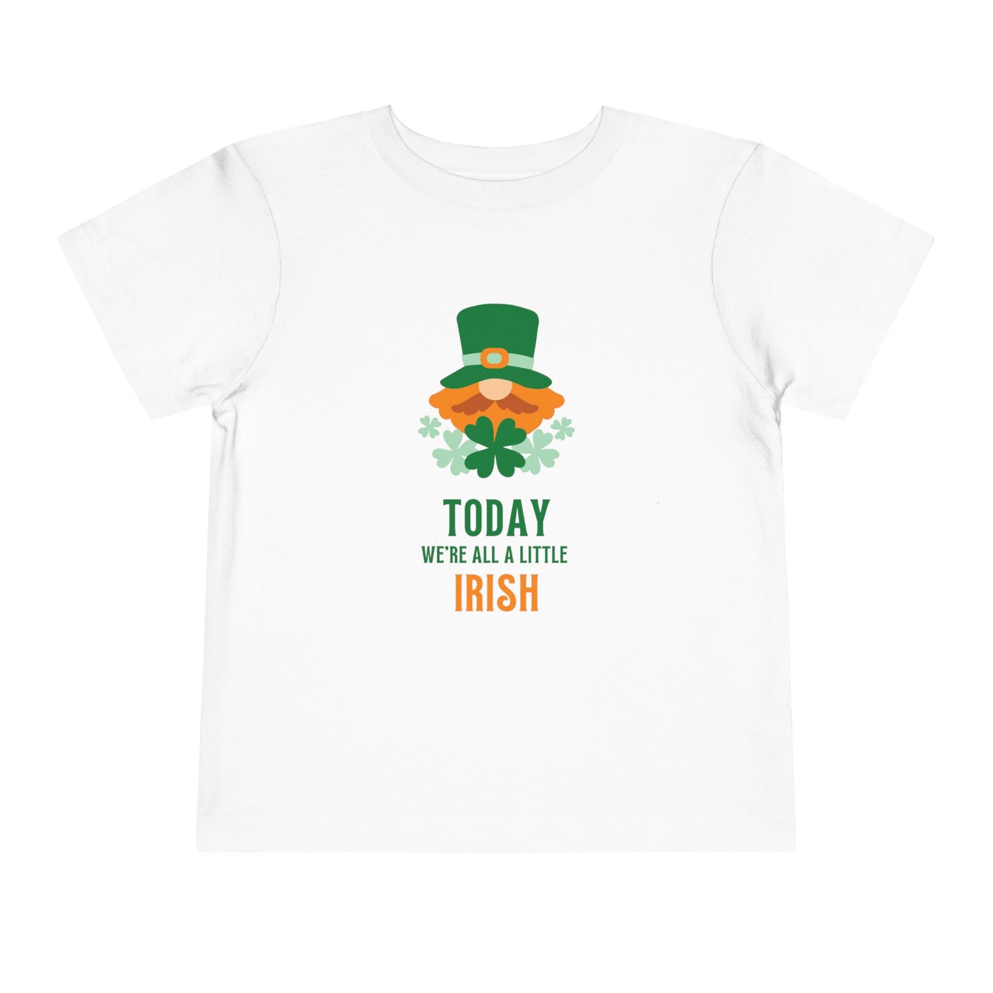 Soft cotton toddler tee with leprechaun and Today We're All a Little Irish message. Perfect for St. Patrick's Day celebrations. Sizes 2T-5T. White