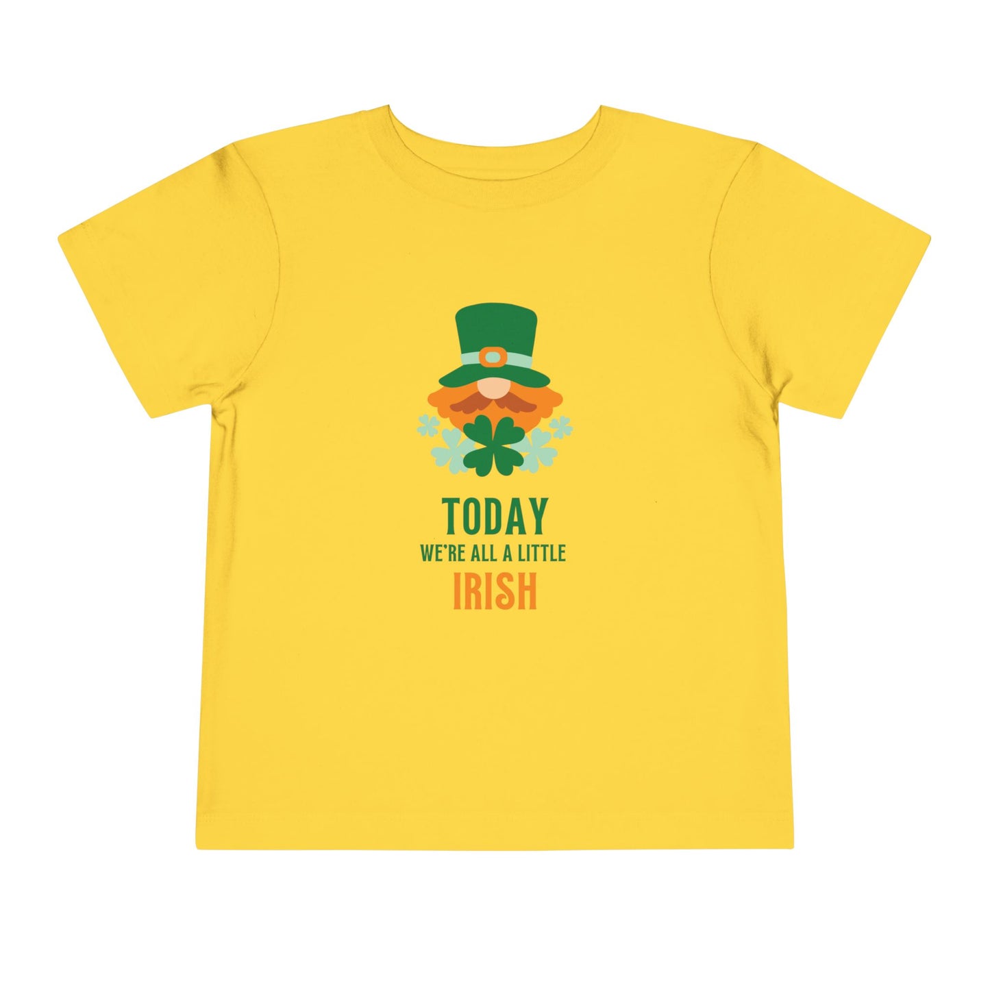 Soft cotton toddler tee with leprechaun and Today We're All a Little Irish message. Perfect for St. Patrick's Day celebrations. Sizes 2T-5T. Yellow