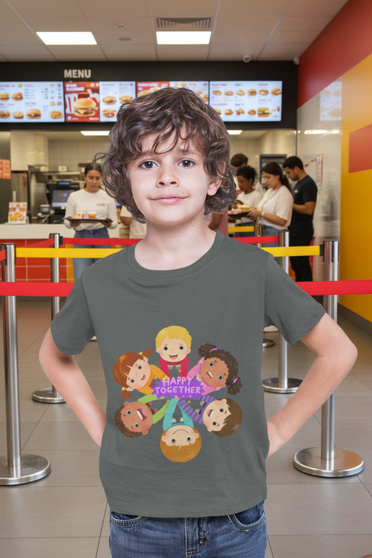 Toddler wearing a We All Fit Together tee with diverse children gathered around colorful ribbon, asphalt
