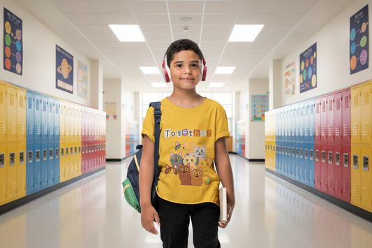 Youth wearing Together tee with illustrated cats and We are all in this Together message
