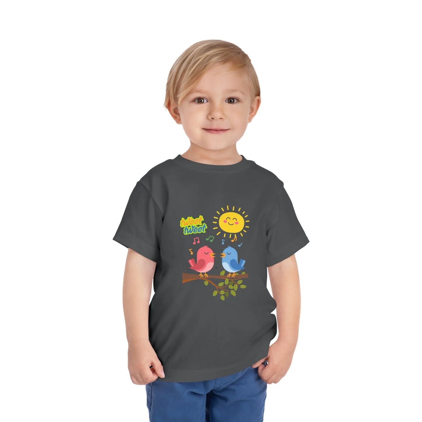  Soft, lightweight toddler tee with cheerful singing birds & sunny design. Tear-away label, sizes 2T–5T. Perfect for playful days & gifting. Asphalt