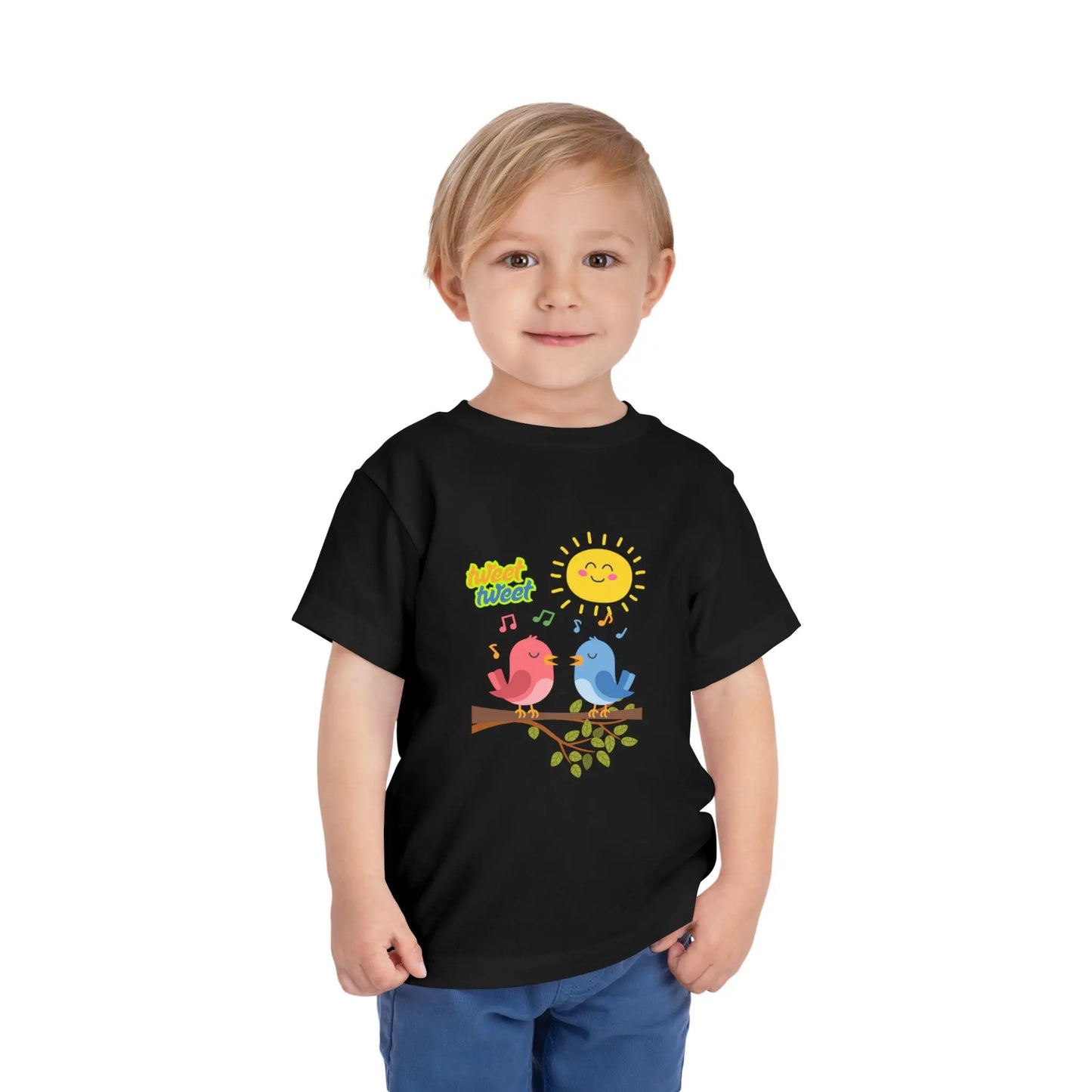  Soft, lightweight toddler tee with cheerful singing birds & sunny design. Tear-away label, sizes 2T–5T. Perfect for playful days & gifting. Black