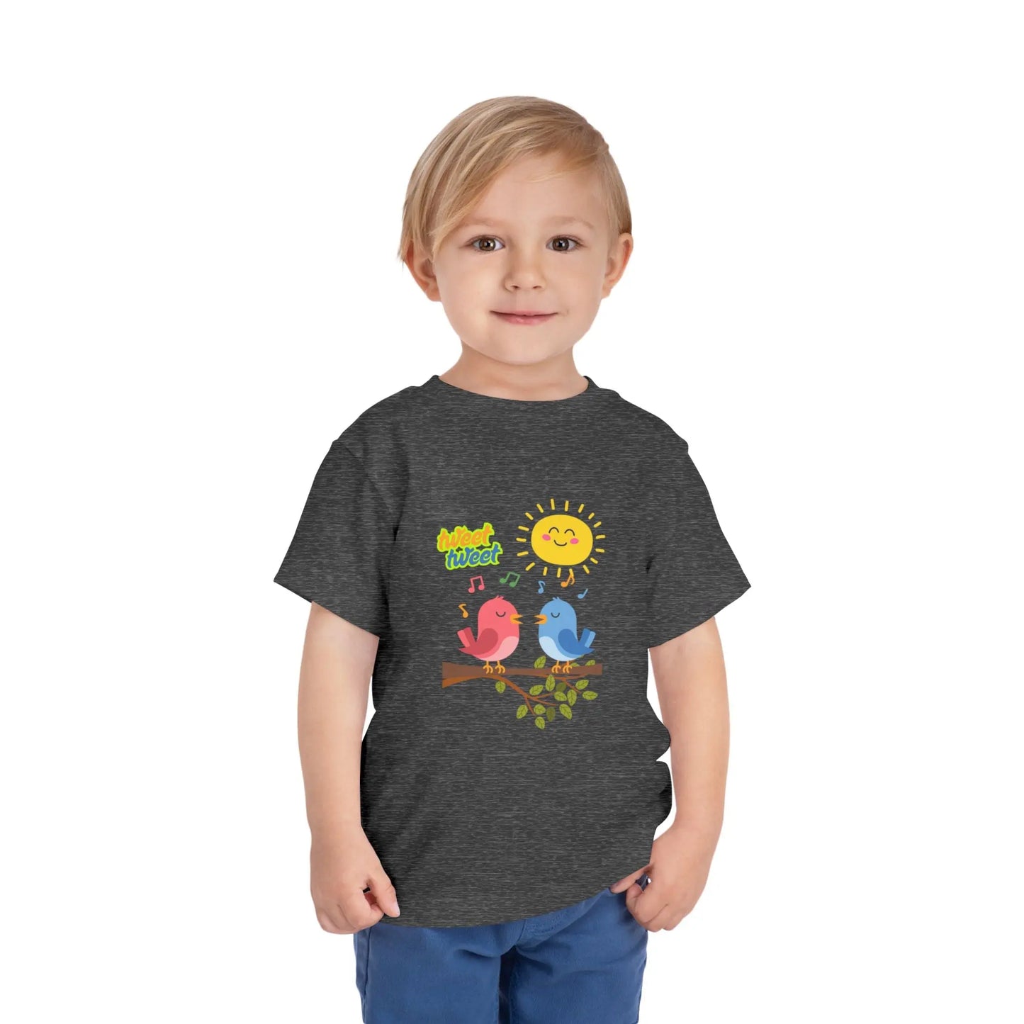  Soft, lightweight toddler tee with cheerful singing birds & sunny design. Tear-away label, sizes 2T–5T. Perfect for playful days & gifting. Deep Heather