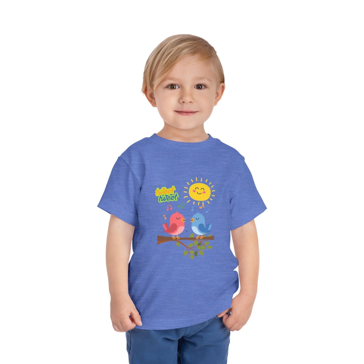  Soft, lightweight toddler tee with cheerful singing birds & sunny design. Tear-away label, sizes 2T–5T. Perfect for playful days & gifting. Heather Columbia Blue
